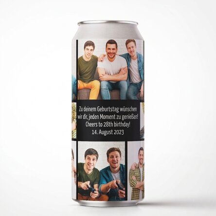 Bier in einer individuell gestalteten Dose mit einer Botschaft und einer Fotocollage