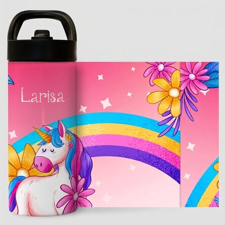 Thermosflasche mit Griff und personalisiertem Strohhalm für Kinder – Einhorn