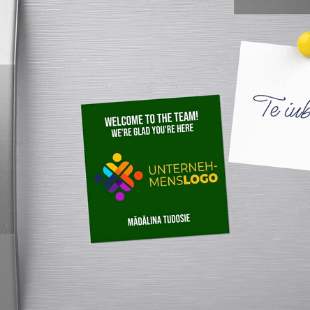 Individuell gestalteter Magnet 10x10 mit Logo und Text – Welcome