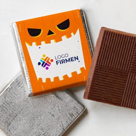 Personalisierte Mini-Schokolade mit Logo und Halloween-Botschaft – Kürbis