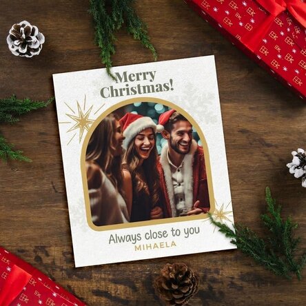 Personalisiertes Foto im Format 10 x 12 cm mit Text und Bild – Snowflakes & Stars