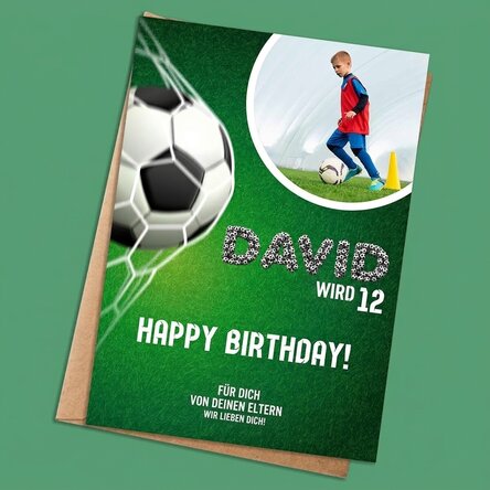 Personalisierte Karte mit Foto und Text – Fußball-Geburtstag