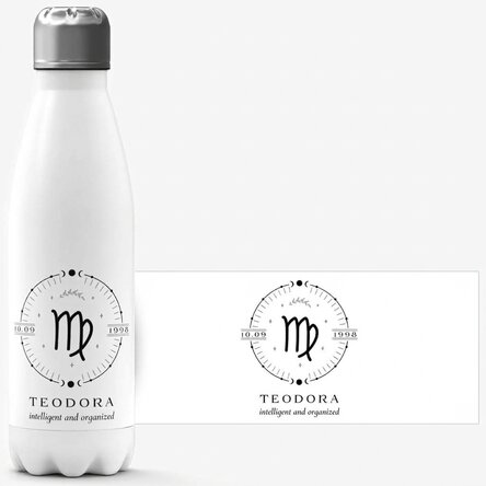 Thermoskanne mit weißem Boden, individuell gestaltet mit Text und dem Sternzeichen Jungfrau