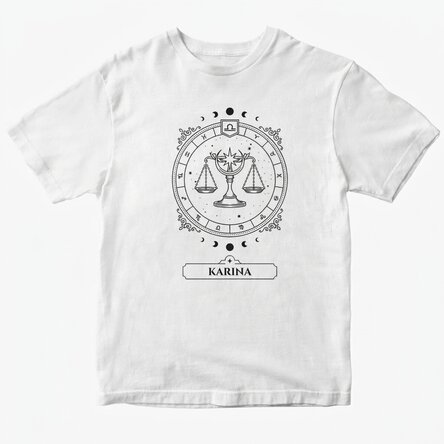 Personalisiertes Baumwoll-T-Shirt mit Namen und Sternzeichen – Waage