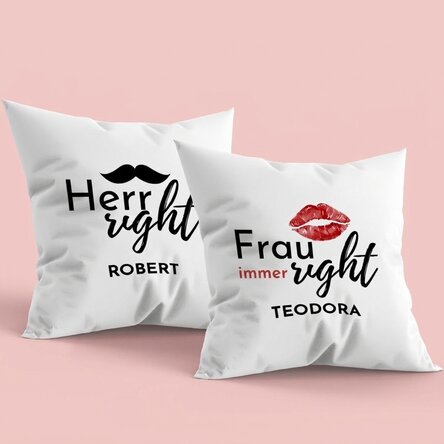 2er-Set personalisierte Kissen mit Schriftzug – Mr & Mrs Right