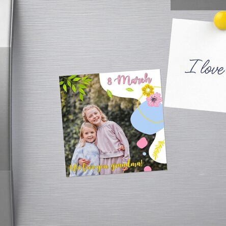Individuell gestalteter Magnet 10x10 mit Foto und Text – Happiness