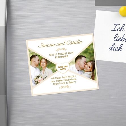 Individuell gestalteter Magnet (12 x 10 cm) mit 2 Fotos und Text – Save the date