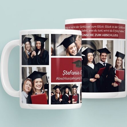Personalisierte Tasse mit 6 Fotos und einer Botschaft – Schulabschluss