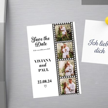 Individuell gestalteter Magnet (10 x 15 cm) mit 4 Fotos und Text – Save the date