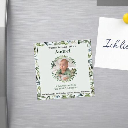 Individuell gestalteter Magnet (10 x 10) mit Foto und Text – Einladung zur Taufe