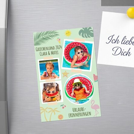 Individuell gestalteter Magnet (10 x 15 cm) mit 4 Fotos und Text – Urlaub