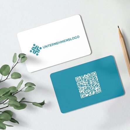 Individuell gestaltete Aluminium-Visitenkarte (Vorder- und Rückseite) mit QR-Code und Logo – Kontakt