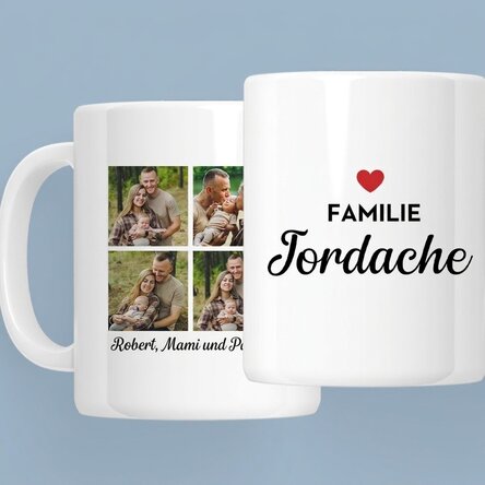 Personalisierte Tasse mit 4 Fotos und Text – Familie