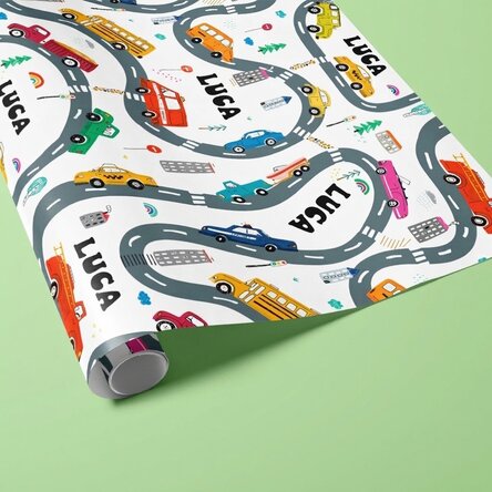 Individuell gestaltetes Geschenkpapier mit Text – Spielzeugautos