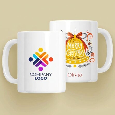 Personalisierter Becher mit Text und Logo – Glocke „Merry Christmas“