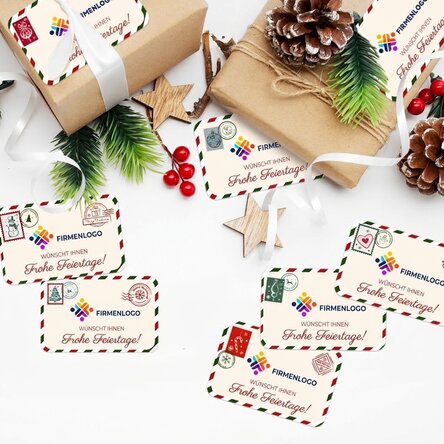 Set mit 8 rechteckigen, individuell gestalteten Aufklebern (selbstklebende Etiketten) mit Logo – Wei
