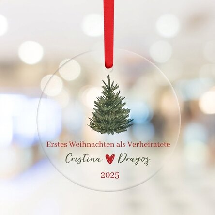 Individuell gestaltete runde Dekoration mit Botschaft – First Christmas Married
