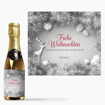 Kleine, individuell mit einem Text bedruckte Sektflasche – Silver Christmas