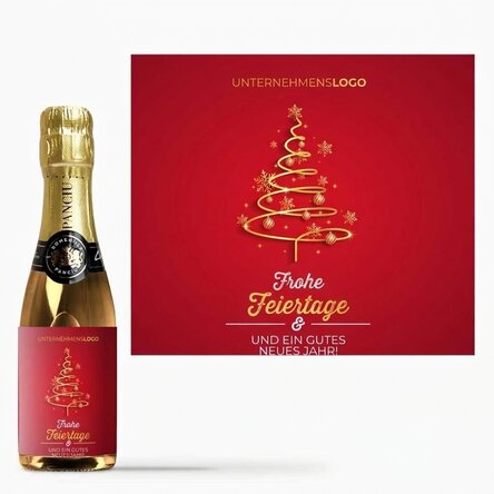Kleine Sektflasche, individuell gestaltet mit Text und Logo – Frohe Feiertage