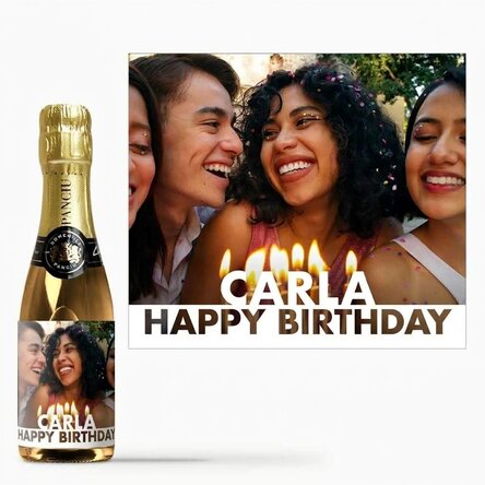 Kleine Sektflasche, individuell gestaltet mit Foto und Namen zum Geburtstag