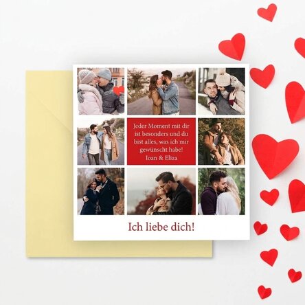 Individuell gestaltete quadratische Karte mit 8 Fotos und einer Botschaft – Love