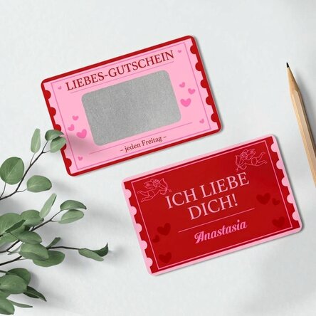 Individuell gestaltete, beidseitig bedruckte Aluminium-Rubbelkarte mit Botschaft – Love Coupon