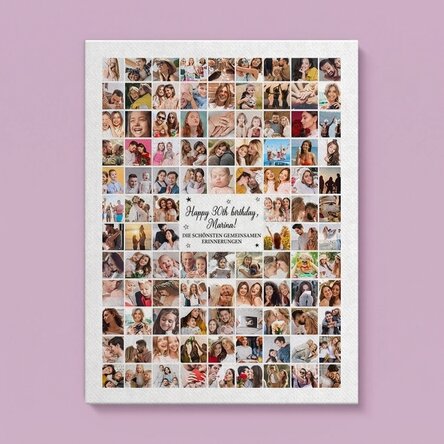 Individuell gestaltetes Leinwandbild mit 102 Fotos und einer Botschaft