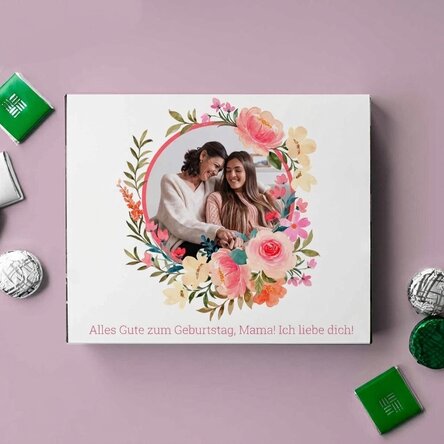Personalisierte Pralinenschachtel mit Text und Foto – Blumen