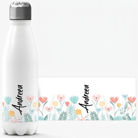 Thermoskanne mit weißem Boden, individuell mit Namen bedruckt – Blumen