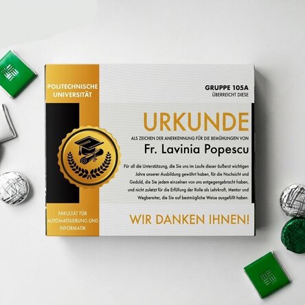 Personalisierte Pralinenschachtel mit Widmung – Urkunde für einen Lehrer