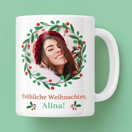 Personalisierte Tasse mit Text und Foto – Frohe Weihnachten!