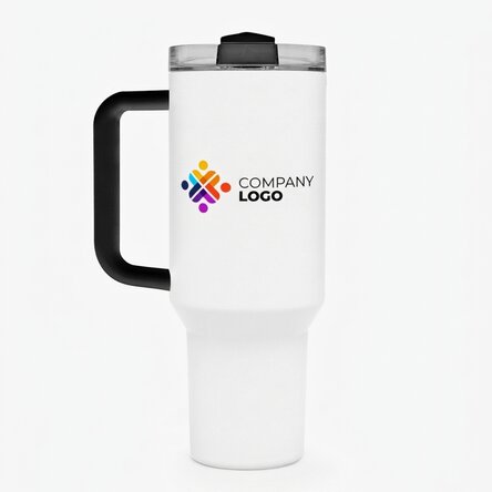 Thermosbecher mit Griff und Strohhalm, individuell mit Logo bedruckt