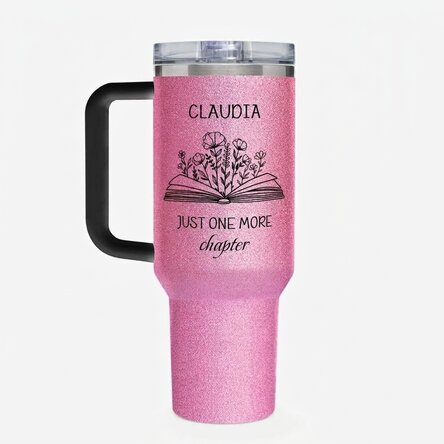 Thermos mug with handle and straw, personalised with message - Just one more chapter