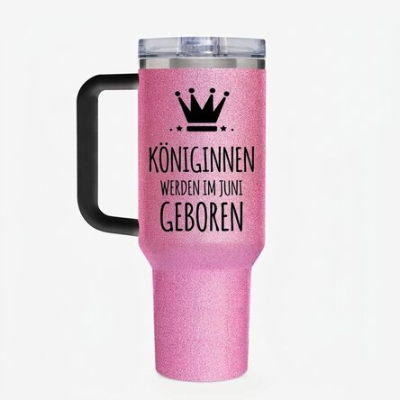 Thermosbecher mit Henkel und Strohhalm, individuell mit Text bedruckt – Queens