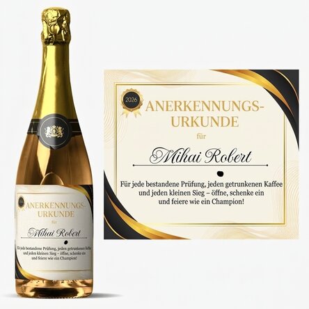 Personalisierter Sekt mit Text – Anerkennungsurkunde