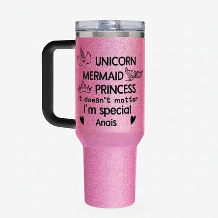 Thermosbecher mit Henkel und Strohhalm, individuell gestaltet mit der Aufschrift „I'm special“