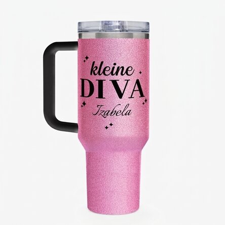 Thermosbecher mit Griff und Strohhalm, individuell mit einer Botschaft bedruckt – Little Diva