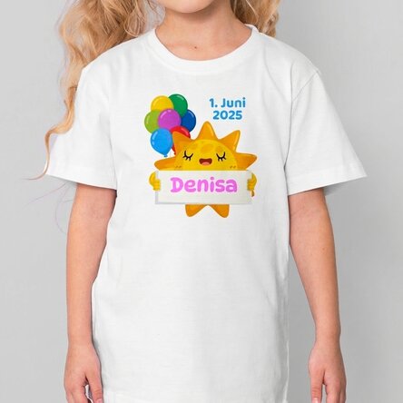 Personalisiertes Baumwoll-T-Shirt für Kinder mit Aufdruck – Sonne und bunte Luftballons