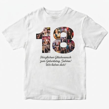 Personalisiertes Baumwoll-T-Shirt mit 11 Fotos und Text zur Volljährigkeit – 18 Jahre