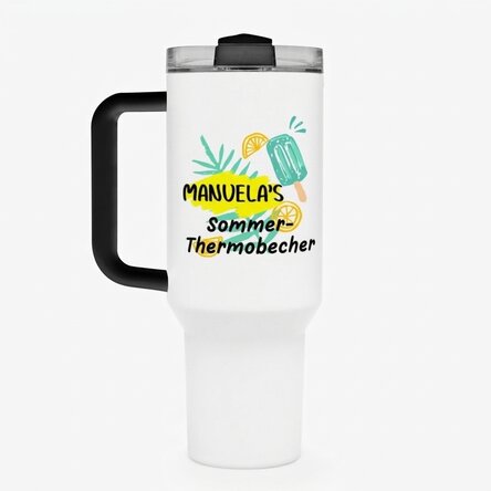 Thermosbecher mit Henkel und Strohhalm, individuell mit Text bedruckt – Ice cream