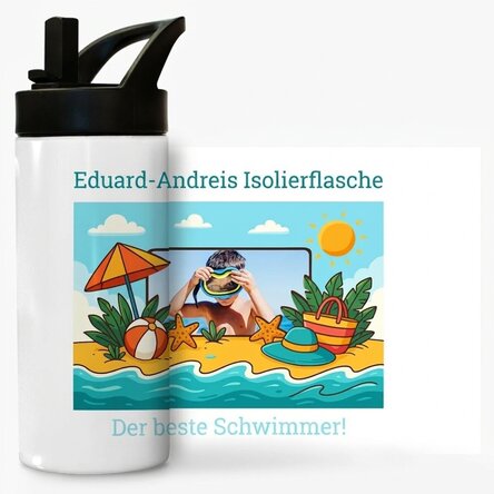 Thermosflasche mit Griff und personalisiertem Strohhalm mit Foto und Botschaft für Kinder – Sommerfe