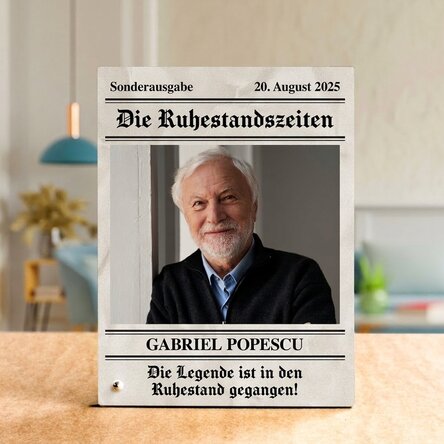 Personalisierter Fotorahmen für den Schreibtisch mit einem Foto und einem Text zum Ruhestand