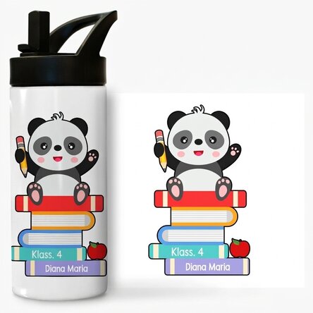 Thermosflasche mit Griff und personalisiertem Strohhalm mit Botschaft – Cute Panda