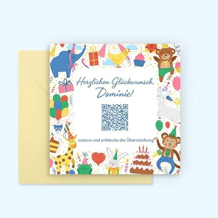 Individuell gestaltete quadratische Karte mit Text und QR-Code – Kids