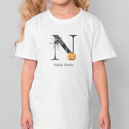 Baumwoll-T-Shirt für Kinder, individuell mit Namen und Initiale bedruckt – Halloween