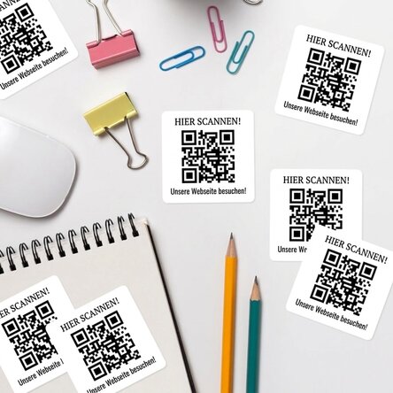 Set mit 12 individuell gestalteten Aufklebern (selbstklebende Etiketten) mit Text und QR-Code – Chec
