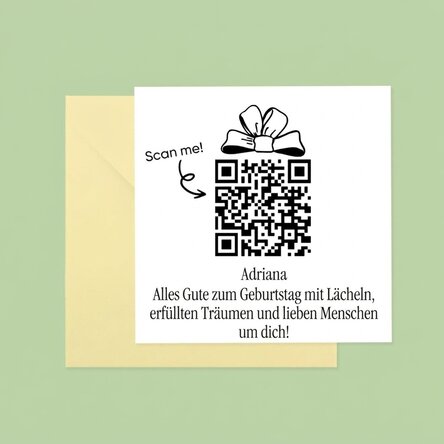 Individuell gestaltete quadratische Karte mit Grußtext und QR-Code – Herzlichen Glückwunsch zum Gebu
