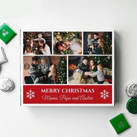 Personalisierte Pralinenschachtel mit 5 Fotos und Text – Frohe Weihnachten!