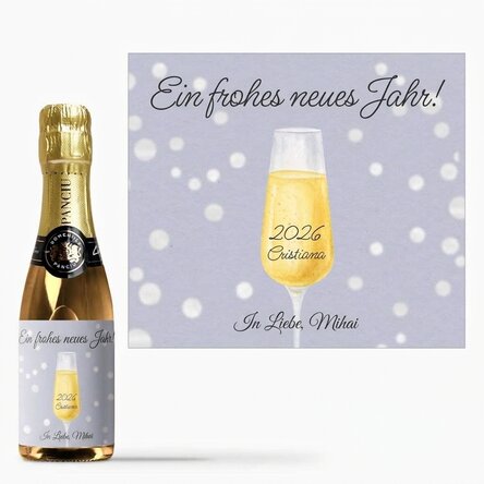 Kleine Sektflasche mit individueller Beschriftung – Champagnerglas
