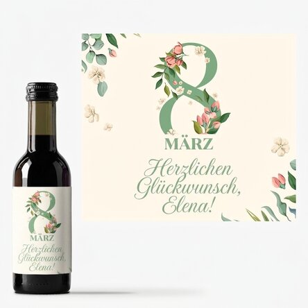 Personalisierte Mini-Weinflasche mit einer Botschaft zum 8. März